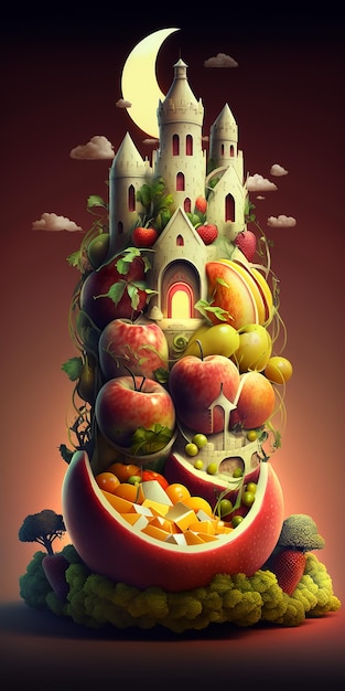 Una pintura de un castillo con un castillo y una fruta.