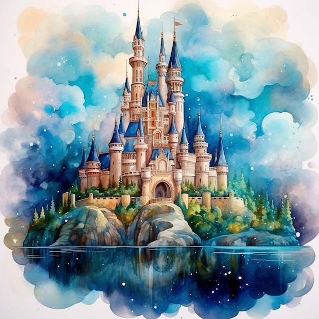 pintura de un castillo con un cielo azul y efecto de acuarela generativo ai