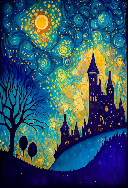 Una pintura de un castillo con el cielo nocturno de fondo