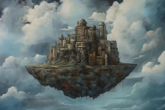 Una pintura de un castillo en el cielo