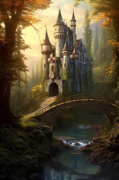 Una pintura de un castillo de cuento de hadas en el bosque