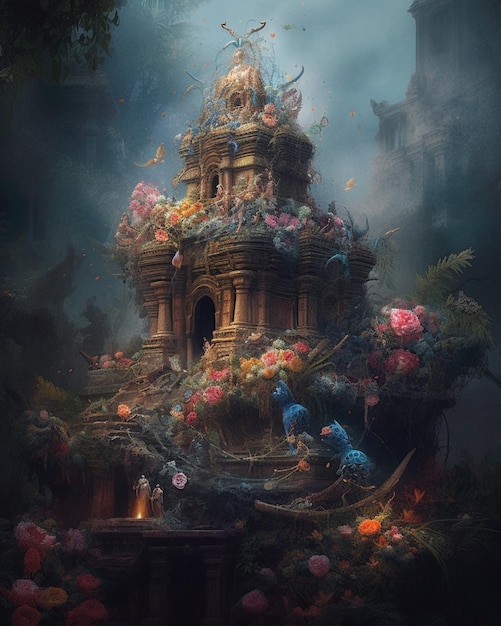 Una pintura de un castillo con flores.