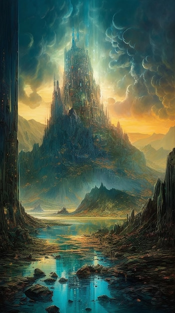 Una pintura de un castillo con un fondo de cielo