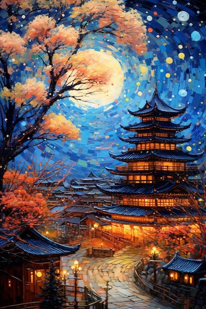 Una pintura de un castillo japonés con la luna al fondo.