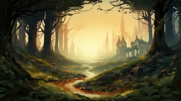 Una pintura de un castillo en medio de un bosque ai