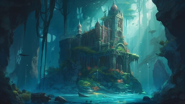 Una pintura de un castillo en medio de un bosque