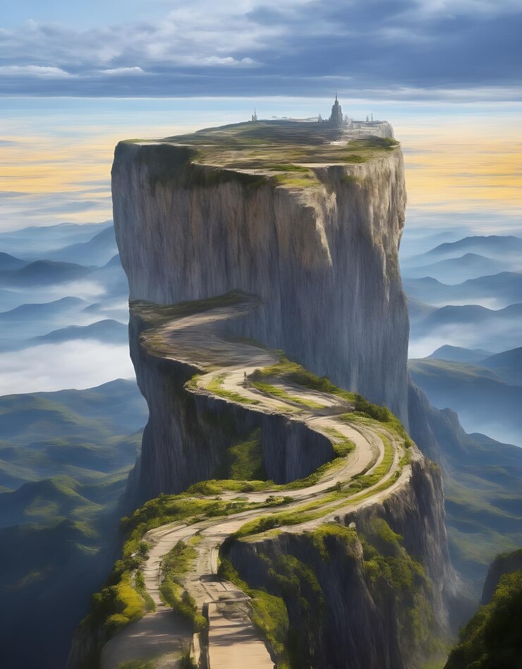 una pintura de un castillo en una montaña con un castillo a la cima
