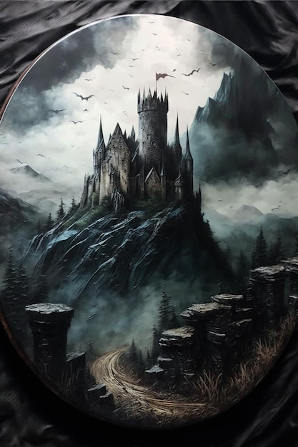 Una pintura de un castillo en una montaña con un fondo de cielo