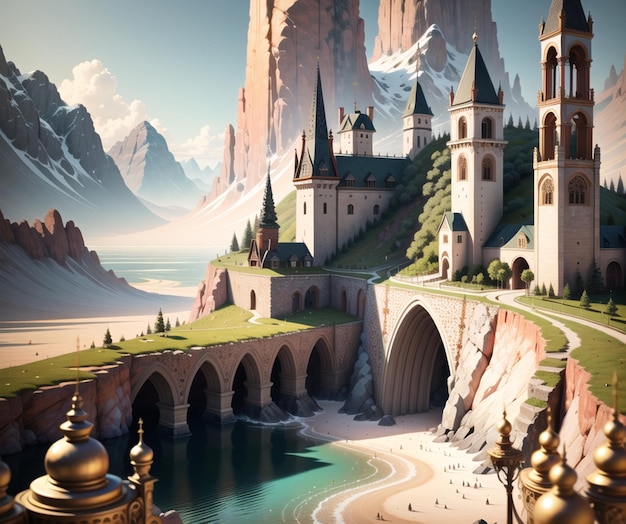 Una pintura de un castillo con montañas al fondo.