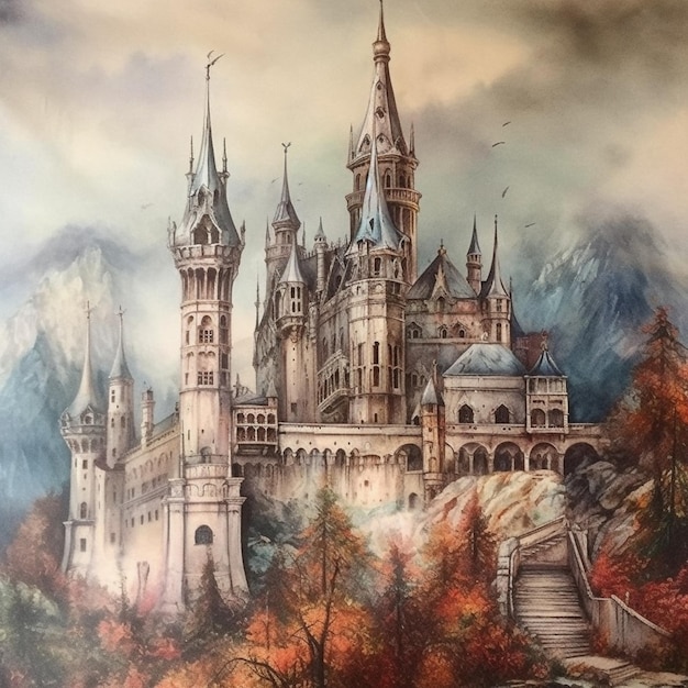 Una pintura de un castillo en las montañas.