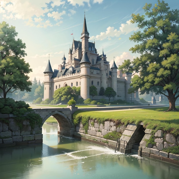 Una pintura de un castillo con un puente al fondo.