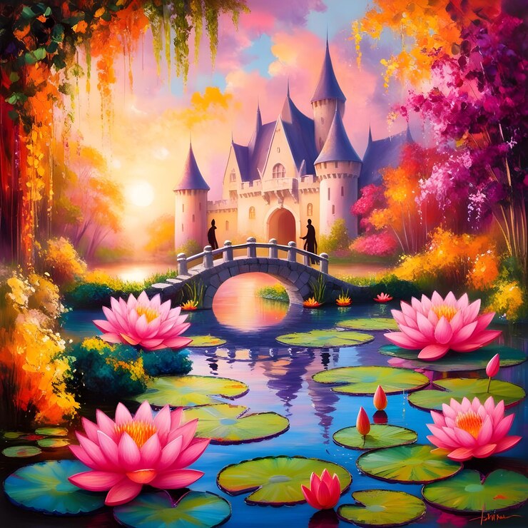 una pintura de un castillo con un puente y lirios de agua en el fondo