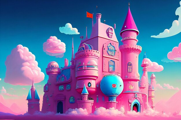 una pintura de un castillo rosa rodeado de nubes