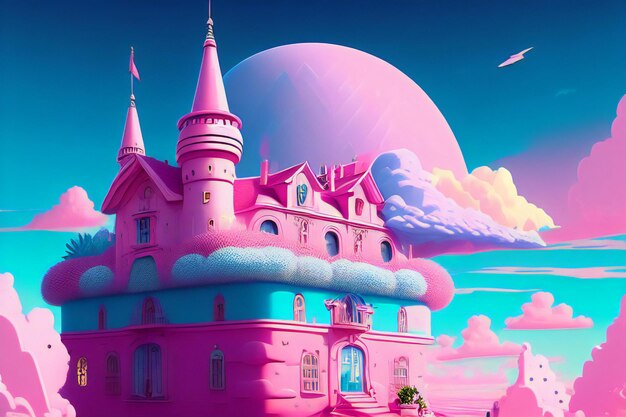 una pintura de un castillo rosa rodeado de nubes