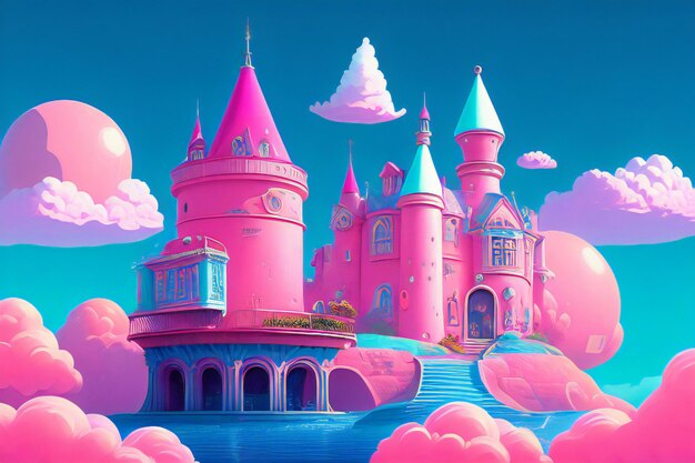 una pintura de un castillo rosa rodeado de nubes