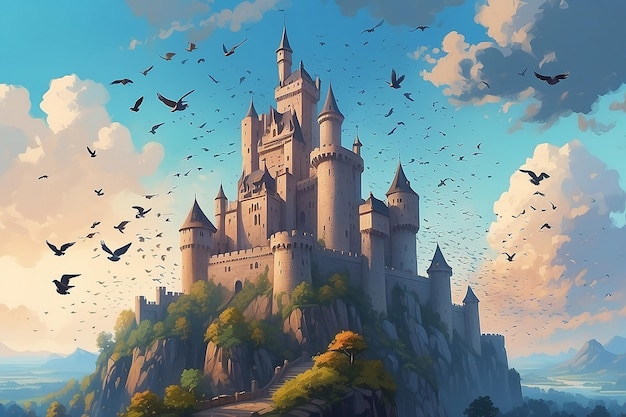Foto una pintura de un castillo con una torre y muchos pájaros volando alrededor generativo ai