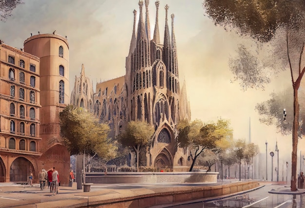 Una pintura de una catedral en barcelona