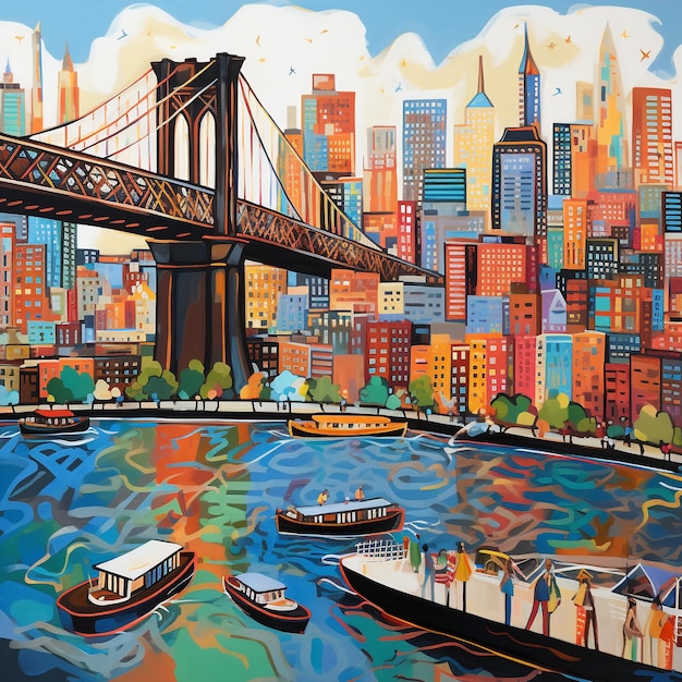 Pintura cautivadora del esplendor del puente de Brooklyn desde una perspectiva única