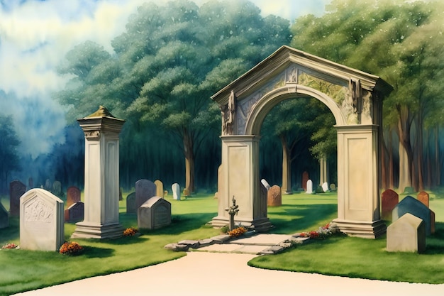 Una pintura de un cementerio con árboles en el fondo