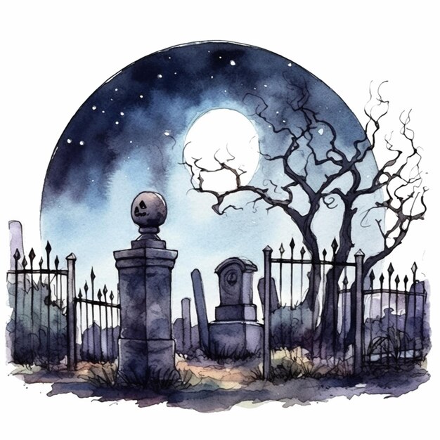 una pintura de un cementerio con una luna llena en el fondo generativo ai