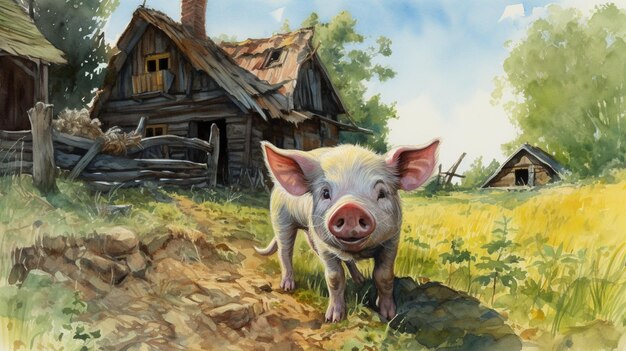 pintura de un cerdo en un campo con una casa en el fondo generativo ai