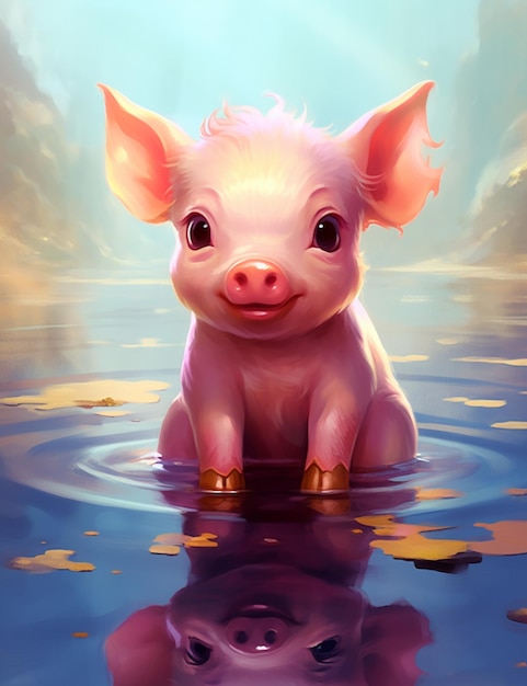 Pintura de un cerdo sentado en el agua con un fondo de cielo generativo ai