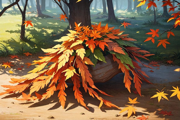 Una pintura de una cesta de hojas de otoño.