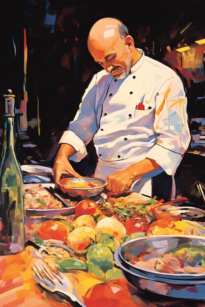 una pintura del chef cocinando comida