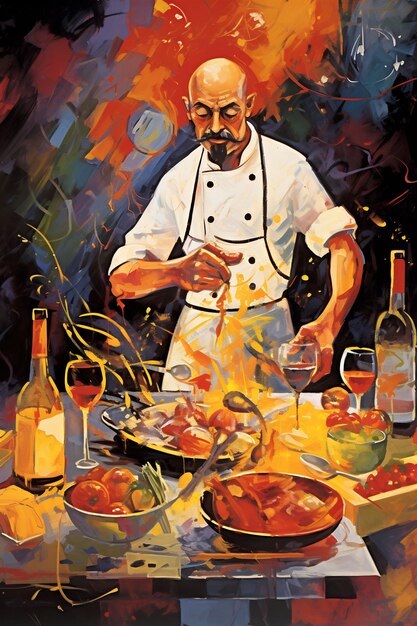 una pintura del chef cocinando comida