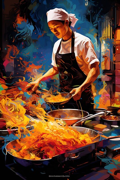 una pintura de un chef cocinando comida