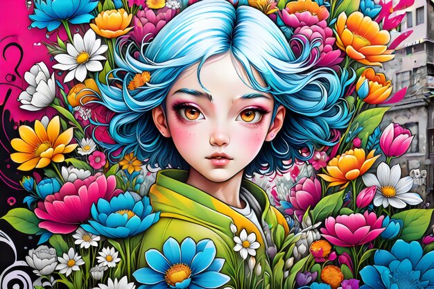 una pintura de una chica con cabello azul y flores