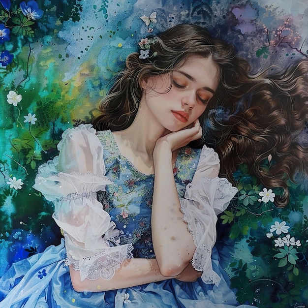 una pintura de una chica con cabello largo y un vestido azul con flores en el fondo