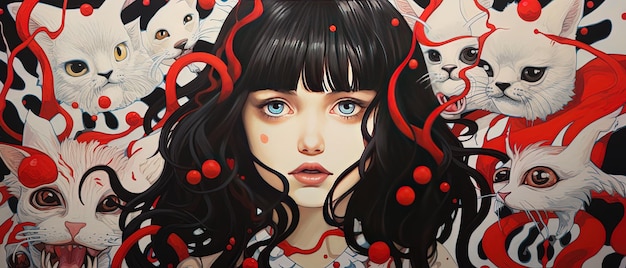 una pintura de una chica con cabello negro y ojos rojos