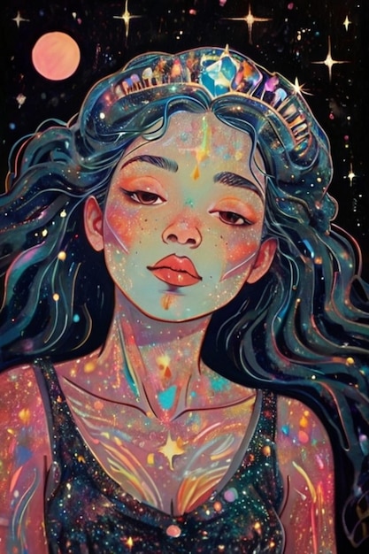 una pintura de una chica con una corona de oro y estrellas