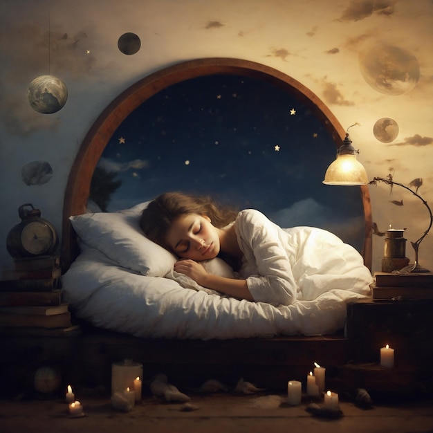 una pintura de una chica durmiendo en una cama con una luna y estrellas