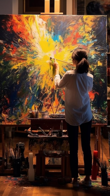 una pintura de una chica frente a una pintura titulada artista
