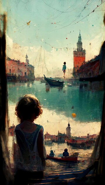 Foto una pintura de una chica mirando por una ventana con un barco en el fondo