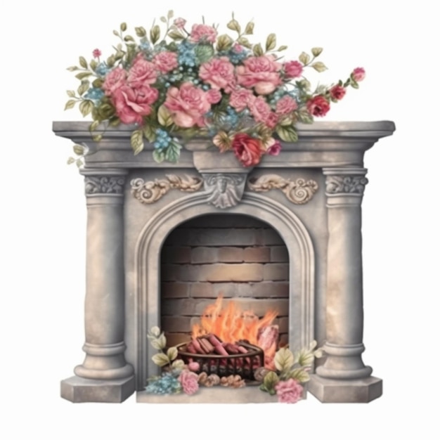 Una pintura de una chimenea con flores encima generativa ai