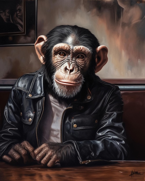 Pintura de un chimpancé con una chaqueta de cuero sentado en una mesa ai generativo