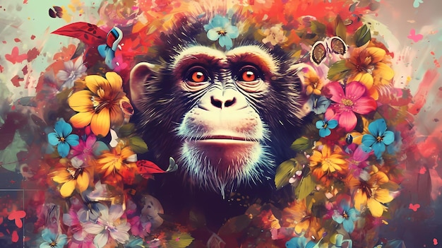 Una pintura de un chimpancé con flores alrededor.