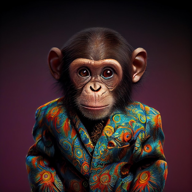 Una pintura de un chimpancé con un traje con un patrón.