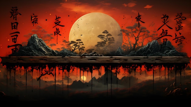 una pintura china con una puesta de sol detrás de ella captura de pantalla en el estilo de arte de juego 2D naranja oscuro y