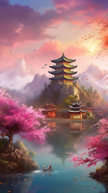 Pintura china de un templo japonés y una montaña.