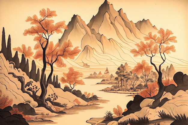 Pintura china tradicional otoño en las montañas ilustración AI generativa