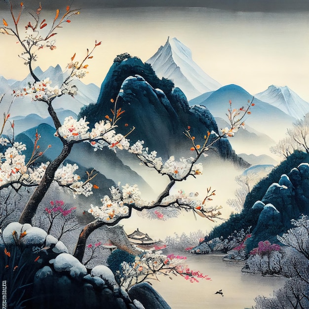 Pintura chinesa antiga de serenidade nevada com flores de ameixa e montanhas