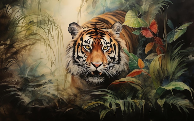 Foto pintura chinesa de tinta de um tigre na selva.