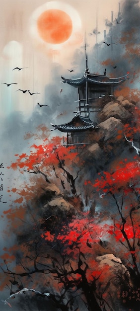 Pintura chinesa de uma paisagem de estilo chinês com um pagode e pássaros.