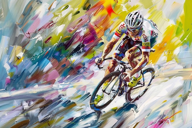 Pintura de un ciclista sobre un fondo multicolor