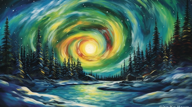 Una pintura de un cielo nocturno con un arco iris de fondo.