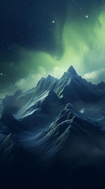 Una pintura de un cielo nocturno con estrellas y una montaña.